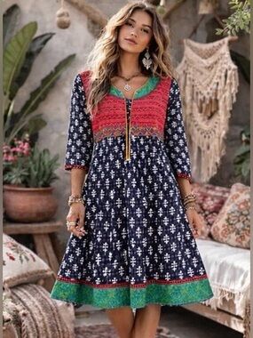 Vintage Handmade Boho Red,Navy Blue, Multi Colored Midi Dress with 3/4 Sleeves